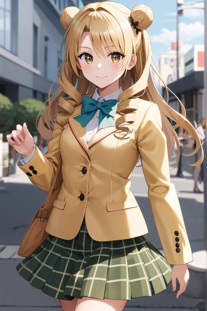 masterpiece, highest quality, High resolution, One girl, alone, Long Hair, Blonde Hair, Double good, Drill Hair, Brown eyes, , Green bow tie, blazer, Yellow Jacket, Long sleeve, Checked skirt, Green Skirt, Are standing, Cowboy Shot, Outdoor, smile,Small buns on both sides、    