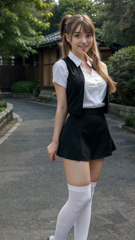 (realistic), (masterpiece), (best quality), (perfect anatomy), (4k hdr), japanese girl, cute face, pretty face, round eyes, long triangle face, blonde long ponytail hair with bangs, smiling, huge , wearing whit shirt and black vest, wearing black minu skirt, wearing long white socks and black shoes, standing in front of viewer, both hands covering her breastse flower park