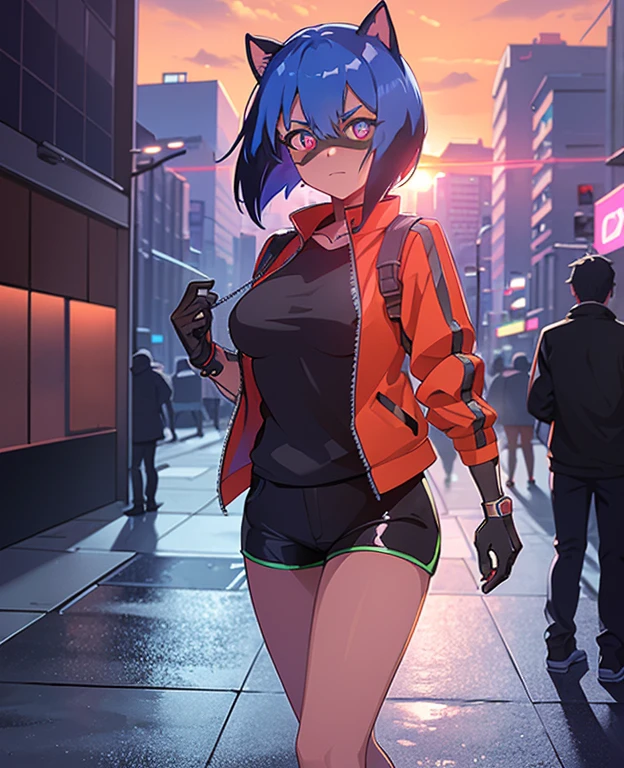 cyberpunk, portrait, Schwarz , Rot neon eyes, steht in einer Stadt, (sonnenaufgang:1.4), Street, Kompliziert, fototealistisch, nackt, shows vagina and breasts