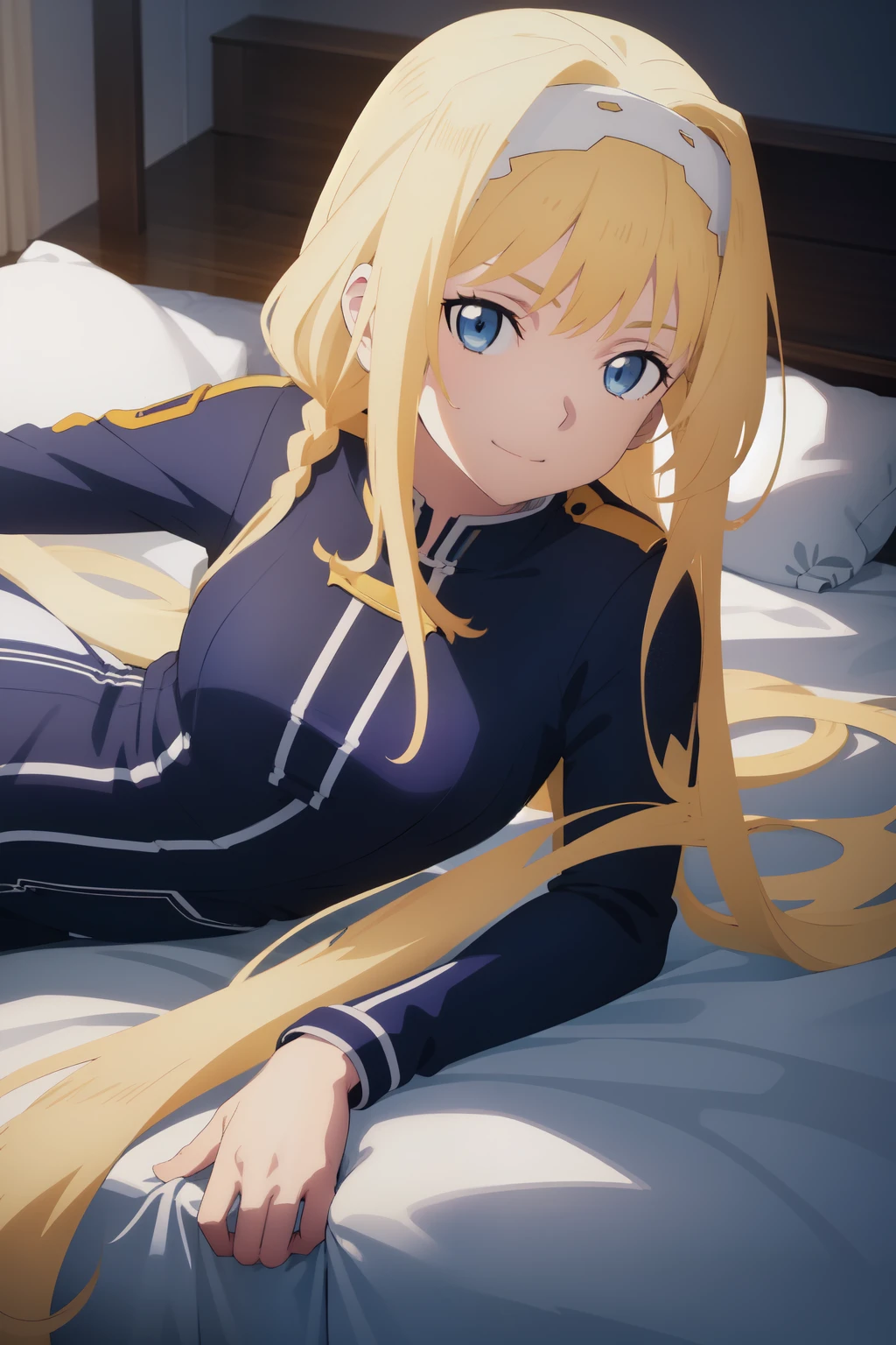 Anime background art, bottom of room, one bed, lying on a bed, beautiful anime scenes, 4K anime art wallpaper, 4k anime art wallpaper, Rosla global illumination, anime girl, best quality, detailed, 1 girl, alone, same as LORA, same as lora, closed mouth, smile, blonde hair, head accessory, long hair, defined eyes, blue eyes, looking at viewer, perfect face, perfect eyes,  costume.