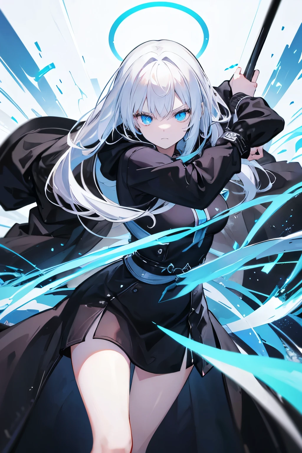 Her hair is long and white、The eyes are glowing blue。The character is in landscape orientation、Spells coming from his hands。The character is glaring at you while fighting the enemy.。male　The background is black。He is wearing a black hoodie。The body has been strengthened with the skill Physical Strengthening.。One person