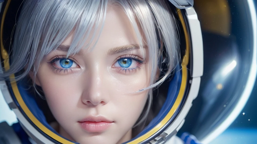 (A close-up of a masterpiece:1.5)0.9], (Space and astronauts:1.2) (Disheveled silver hair:1.1) (Heterochromia yellow eyes and blue eyes:1.2) (Space Helmet:1.0) (Colored stars in my eyes:1.0) (Shining Light:1.1) (Big Lips:0.9)