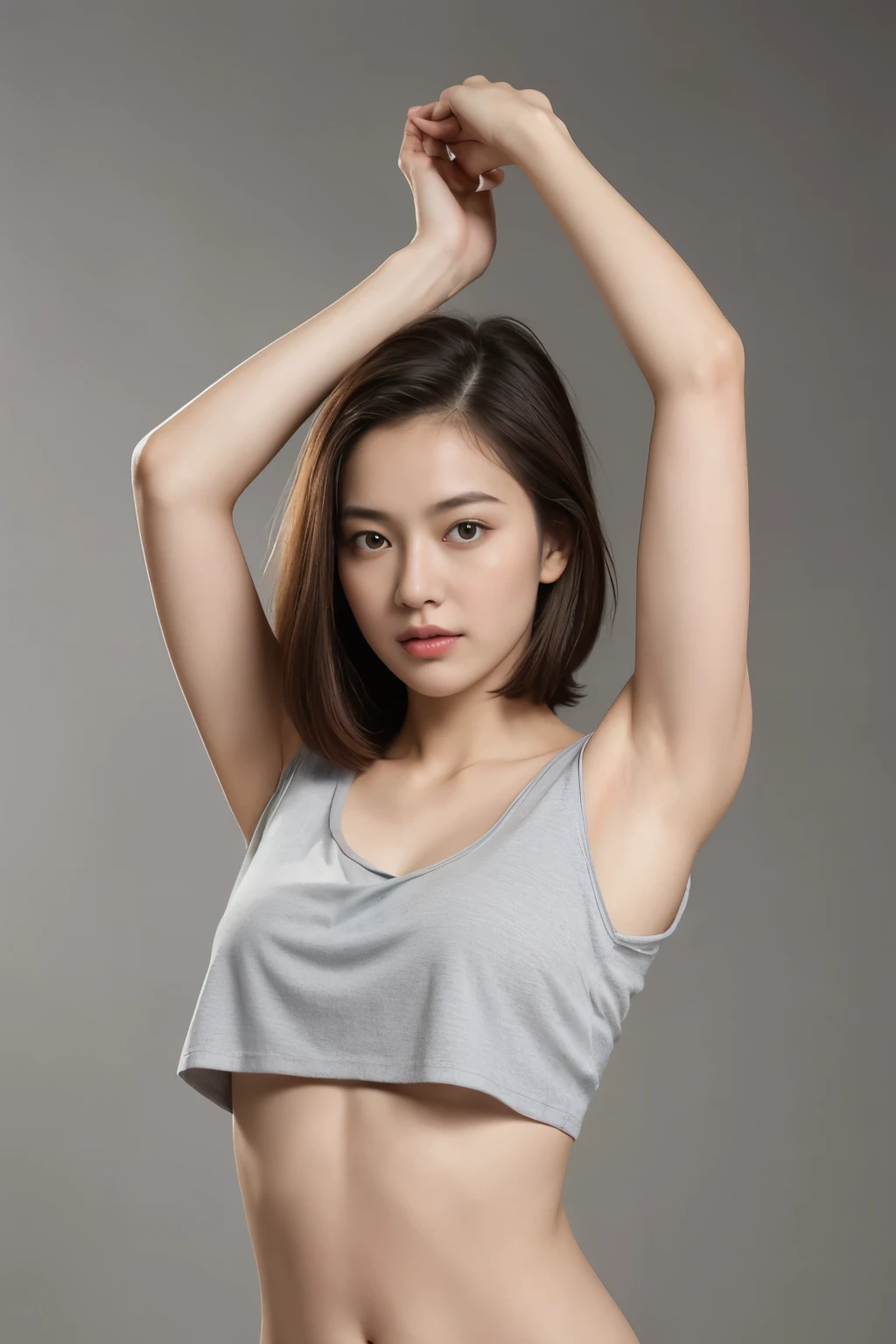 (colored picture), Photo realistic of beautiful asian、slender abs, (Highlight Haircutreast A Cup:1.2), small breast, round shape breast, perfect shape breast,(( )),((She is pulling her T-shirt over her head, )), ((lowrise)), As she confidently posing for camera, , studio light, gray background, full body