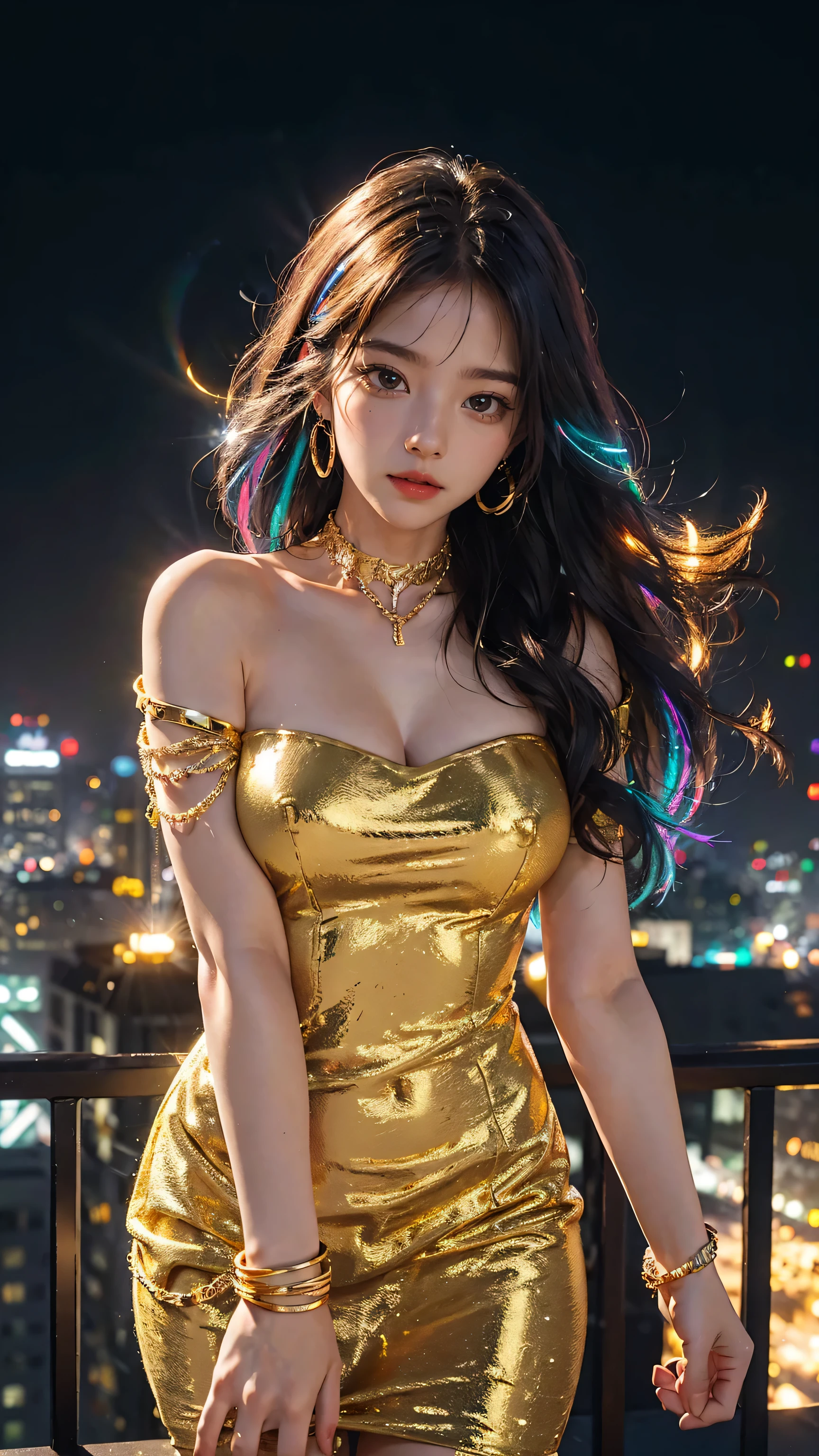 Gold handcuffs on the chain, around the neck,Dense city background with (many colorful Lights:1.2), from Skyscraper, { Volumetric lighting | 8K-resolution | bokeH | Professional camera work with Hasselblad | (Glow light effect) | Trajectories } .