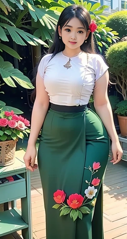 Burmese girl with attractive curvy full body. Friends full-length bikini, (green dress) reflective long dress painted with flower patterns, only dress. hi gh hips High resolution High resolution natural background High resolution HD 3D, 8K cartoon anime