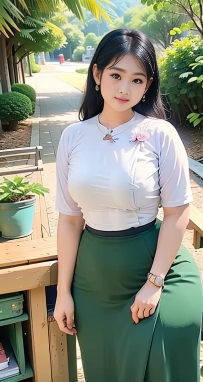 Burmese girl with attractive curvy full body.  Friends full-length bikini, (green dress) reflective long dress painted with flower patterns, only dress.  hi gh hips  High resolution  High resolution  natural background  High resolution  HD  3D,  8K cartoon anime 