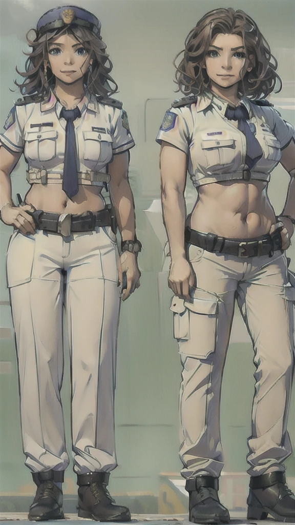 
Women in crop top police uniform, police  pants, showing navel, fat