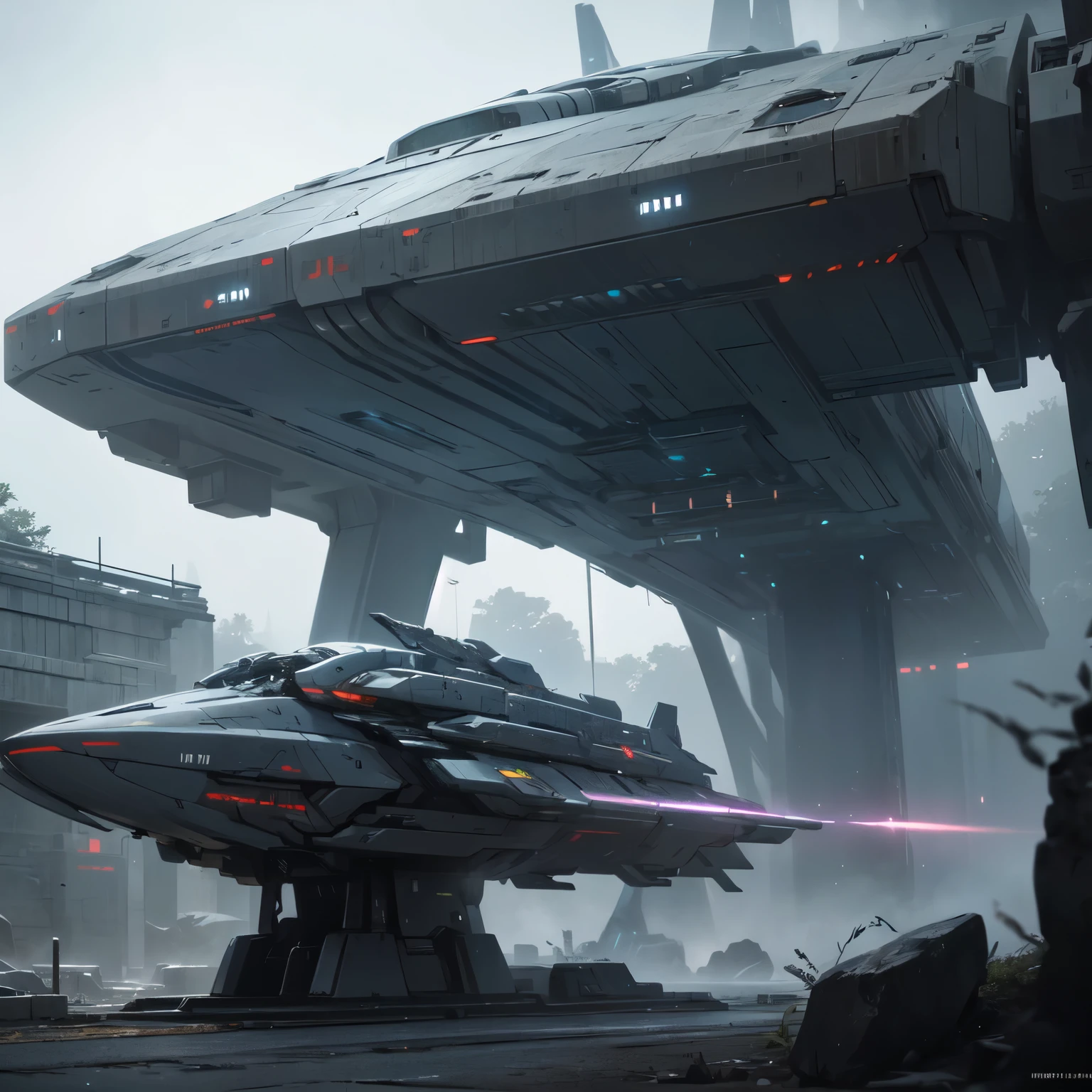 A fleet of futuristic spaceships with many cybernetic and digital futuristic weapons, state-of-the-art. The surrounding environment is threatening, with damp stone walls and a silence that seems oppressive. 8K Ultra HD resolution.