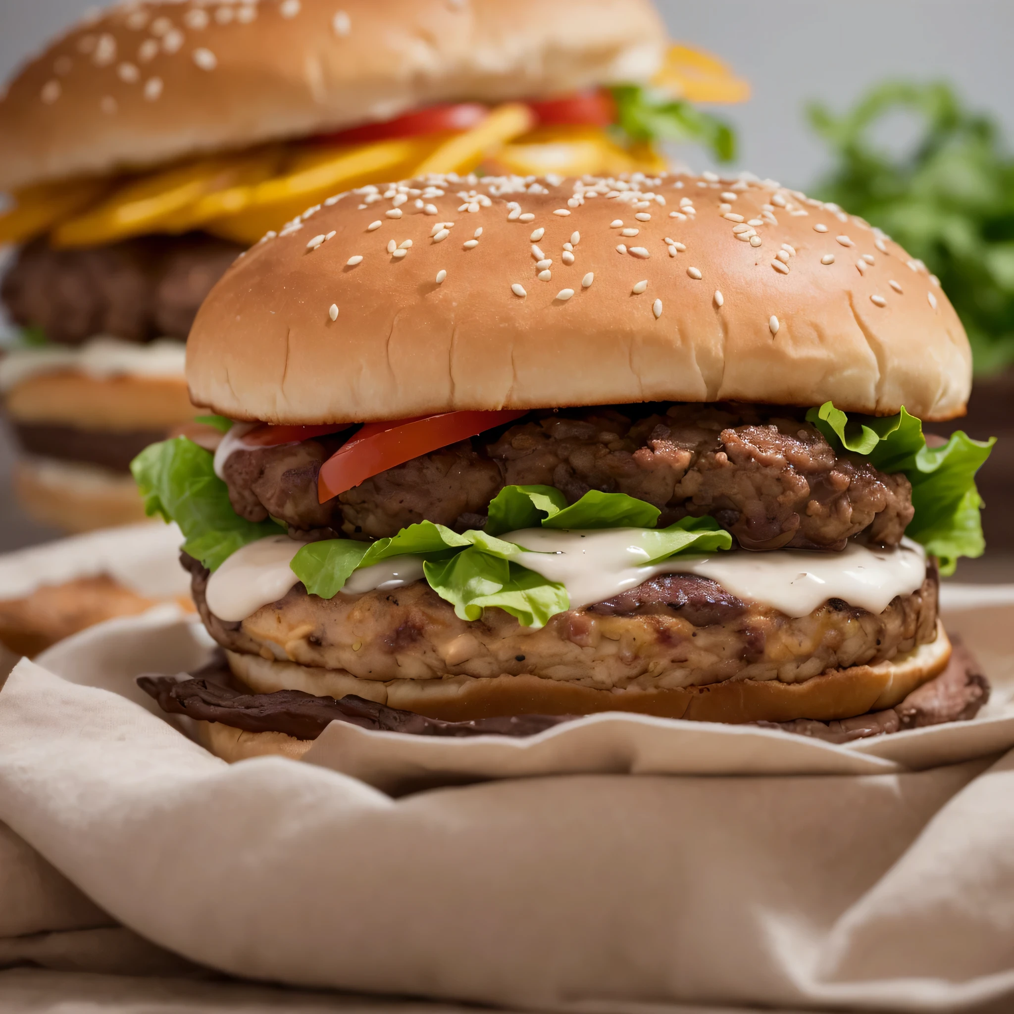 um close de Hamburger ,juicy lanche, fotografia de comida de alta qualidade, Hamburger, Easy, (ultra realistic, realista e coerente, arte mista, fotografia profissional de comida, pronto para comer, an ultra realistic, parece realista, um hiper-realista, very muito realista, incrivelmente realista, Hamburger, Comercial de alimentos 4k, muito realista