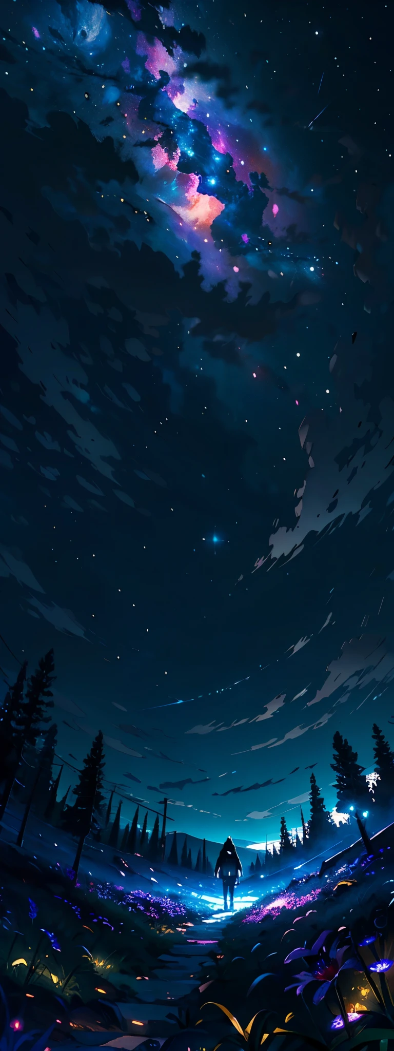 expansive landscape photograph , (a view from below that shows sky above and open field below), a girl standing on flower field looking up, (full moon:1.2), ( shooting stars:0.9), (nebula:1.3), distant mountain, tree BREAK
production art, (warm light source:1.2), (Firefly:1.2), lamp, lot of purple and orange, intricate details, volumetric lighting BREAK
(masterpiece:1.2), (best quality), 4k, ultra-detailed, (dynamic composition:1.4), highly detailed, colorful details,( iridescent colors:1.2), (glowing lighting, atmospheric lighting), dreamy, magical, (solo:1.2)