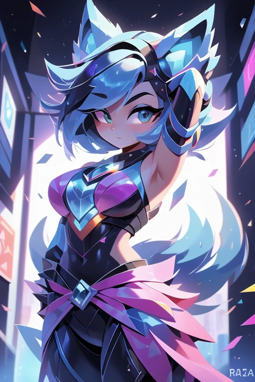 spiritual Blue fire fluffy fox girl,1 garota, olhos brilhantes perfeitos e bem desenhados, seios naturais, Corpo fino, lindo e delicado rosto fofo, pele detalhada, pele realista, rosto humano, Medium length hair, cabelo volumoso,super high resolution, 8K, Best quality parameters, pulseiras, extremamente detalhado grosso apertado ,pastel brilhante ((dark azul, (azul:0.4), prata:1.3), (rosa, roxo:0.75)) ornamentado , decote, umbigo, jovem, pequena fera, ultra detalhado, Fotorrealista, super high resolution, mais detalhes, City and buildings behind a window, futurista, ciberpunk, magical technologies, 16k, HDR, RTX, Rastreamento de raio, radiosidade, Anisotropic filtering, underground dispersal, metallic reflections, detalhado, realista, Arte digital altamente detalhada em 4k, extremely detailed CG unity 8K wallpaper, vibrant cors, (Pose sedutora:1.6)