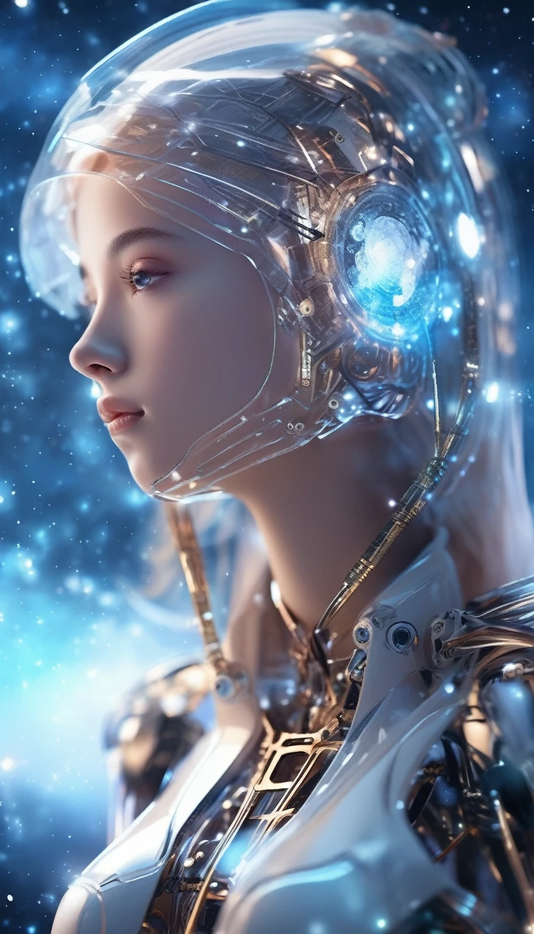 Translucent Ethereal Mechanical Girl,Futuristic girl,Mechanical joints,future starry sky background