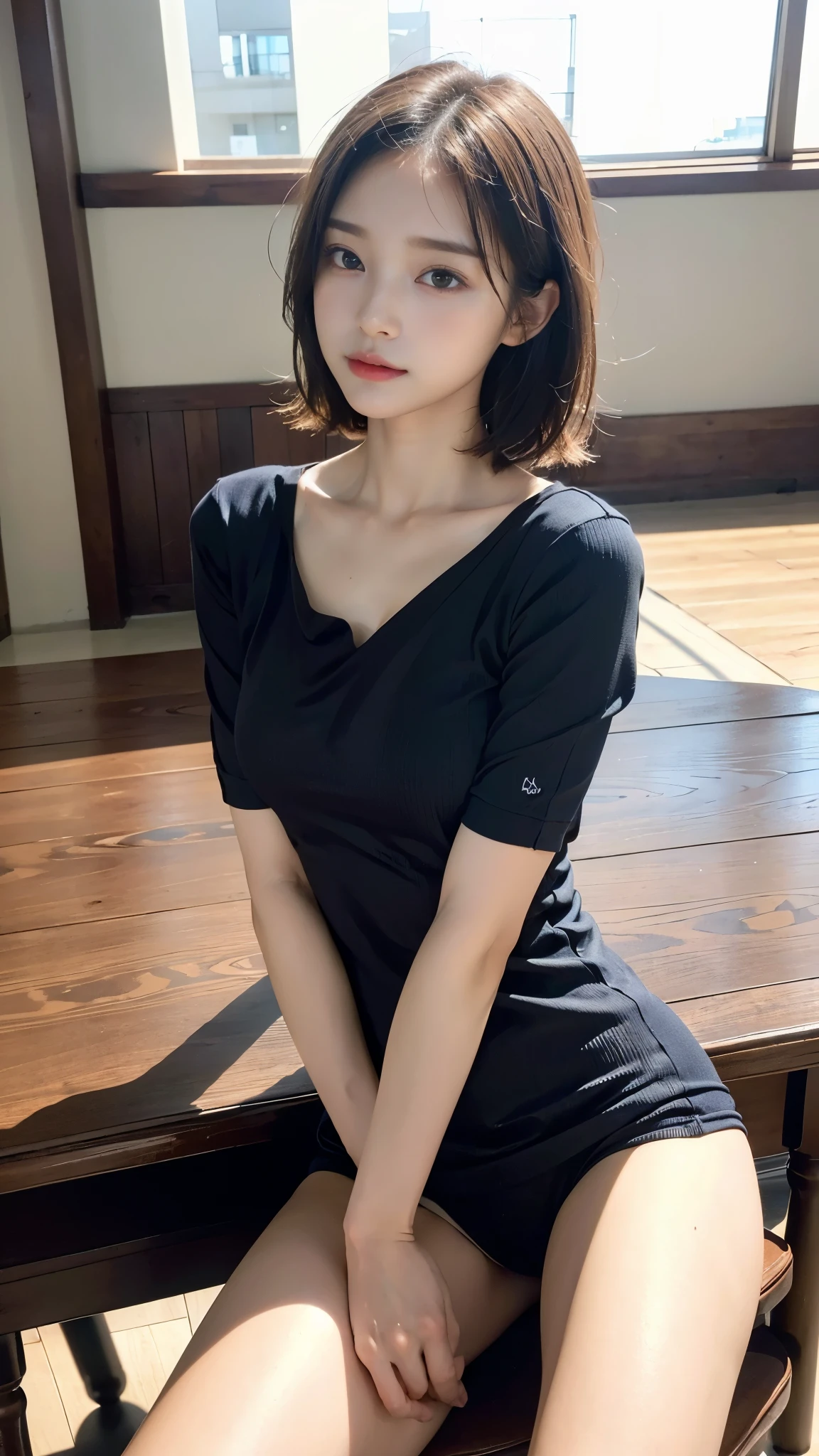 ((Table Top)), ((Lie face down on the table and rest your chin on your hands:1.3, Gaze at the viewer, Seductive look)), (Super cute loungewear:1.4), (Slender body line), (Small and slender figure), (8-Proportion Beautiful Girl), (), (Baby Face:1.um breast), Short Bob Cut, (Perfect Anatomy:1.4), (Ultra-detailed eyes and face:1.2), (Ultra-detailed hands and legs:1.3), (Smooth body:1.3), (Accurate Shadows), (Professional Lighting), (Photorealistic:1.4), ((highest quality, 8K, masterpiece:1.2))