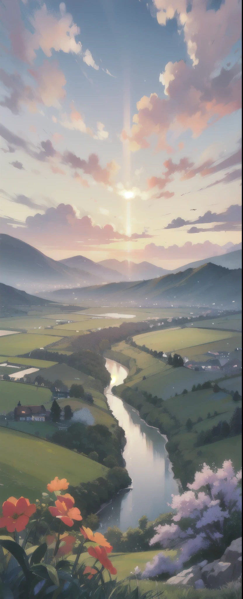 "A breathtaking, Studio Ghibli-inspired landscape. The scene features a serene view of Earth from above during sunset, with a vibrant blue sky adorned with fluffy, white clouds. The horizon is beautifully visible, where the sky meets the earth. Below, lush green fields and winding rivers stretch out, bathed in the warm, golden light of the setting sun. In the distance, gentle hills and quaint villages add charm to the scenery. The rivers glisten as they reflect the hues of the sky. Soft rays of sunlight peek through the clouds, casting a magical glow over the landscape. The entire scene is infused with a warm, tranquil ambiance, capturing the whimsical and enchanting style characteristic of Studio Ghibli animations. The colors are soft yet vivid, with painterly details that evoke a sense of peace, wonder, and natural beauty. Wildflowers dot the fields, and birds soar gracefully in the sky, completing the idyllic scene."