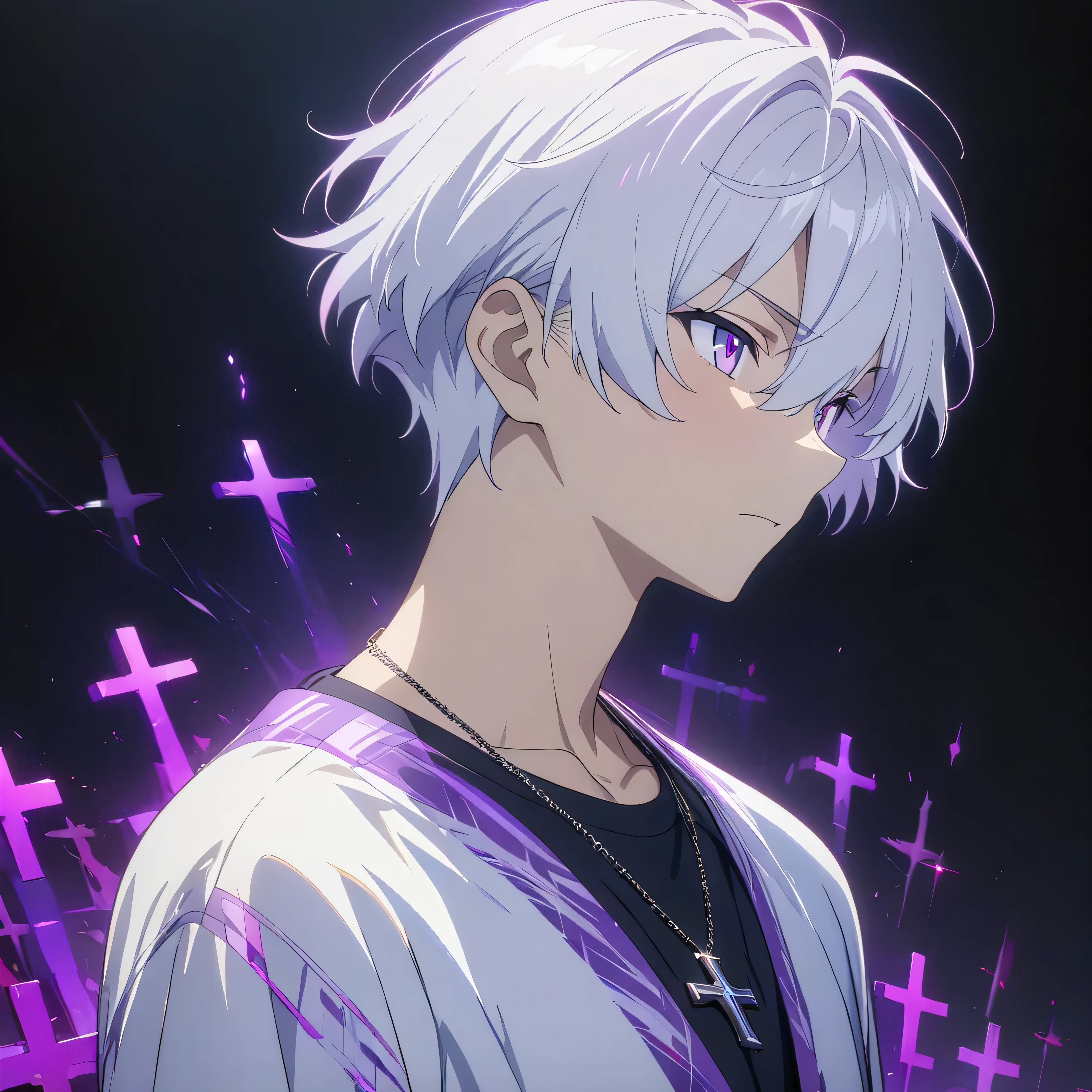 [(BLACK BACKGROUND:1.5)], ((((masterpiece)))), high quality, ((solo)), ((1 younger boy)), ((white short hair)), (purple color eyes), upper body, civilian clothes white, Necklace of crosses, (purple effect:1), anime,