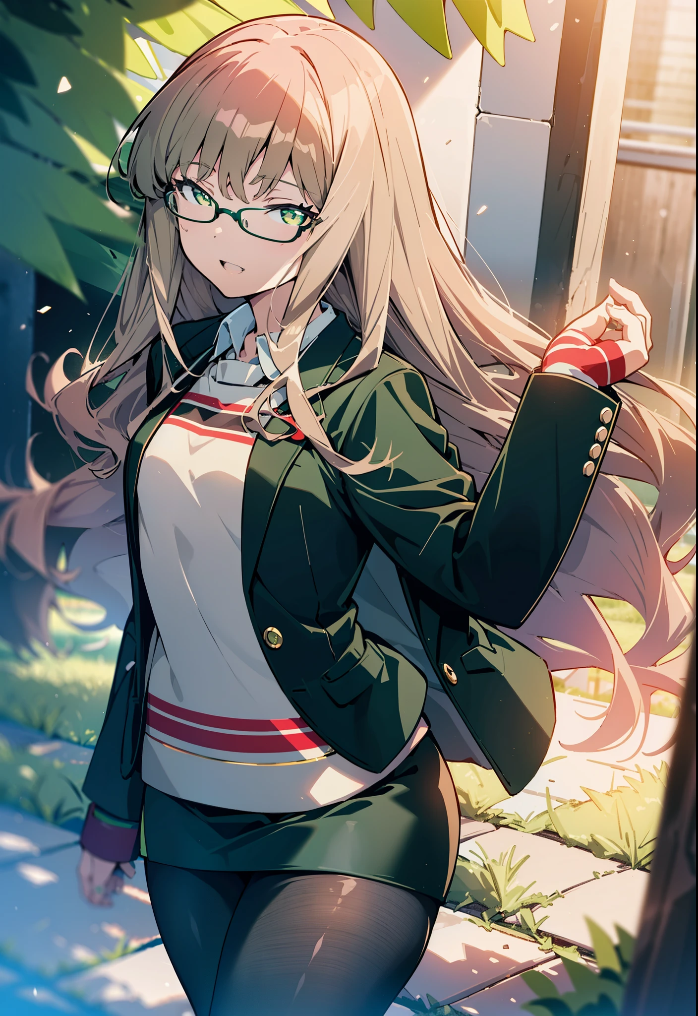 minami yume ,sss Dynazenon ,Long Hair, Brown Hair, (Green Eyes:1.5) ,Center of chest,hair band,happy smile, smile, Open your mouth,OL, Black-rimmed glasses, end, Black suit jacket, Collared jacket, White dress shirt, Collared shirt, Neckline, button,  Black pencil skirt, Black Pantyhose,Stiletto heels,morning,morning陽,The sun is rising,It&#39;s as if your whole body is in the illustration.,
break looking at viewer, (Cowboy Shot:1. 5)
break outdoors, city,Area,
break (masterpiece:1.2), highest quality, High resolution, unity 8k wallpaper, (shape:0.8), (Beautiful and beautiful eyes:1.6), Highly detailed face, Perfect lighting, Extremely detailed CG, (Perfect hands, Perfect Anatomy),