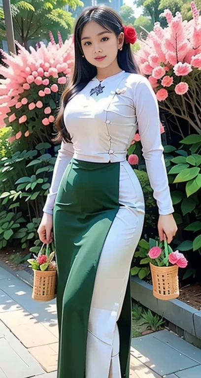 Burmese girl with attractive curvy full body. Friends full-length bikini, (green dress) reflective long dress painted with flower patterns, only dress. hi gh hips High resolution High resolution natural background High resolution HD 3D, 8K cartoon anime