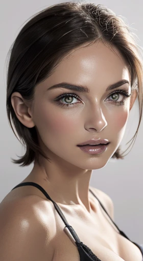 8K uhd、RAWphotograph、Model photo shoot、 European race、(masterpiece、highest quality、Photorealistic、High resolution、photograph:1.3)、Close-up、Focusing、Hot Model、slim、30 year old mature woman、Small face、No makeup、Short Hair、Dark Brown Hair、Fine beautiful eyes、Real Skin、(perfect body)、Sexy hot face、Erotic、Sexual gaze、slim、Sweat top、Detailed beautiful eyes、Glossy lips、Small breasts、Small breasts、Bust B cup、((Bright light、Dynamic lighting、Real、超Real、 realism、Realistic details、Cool beauty、Cool pose、Background gray、Plain grey background, super busty, medium breasts, puffy nipples, natural tits, soft pink areolas