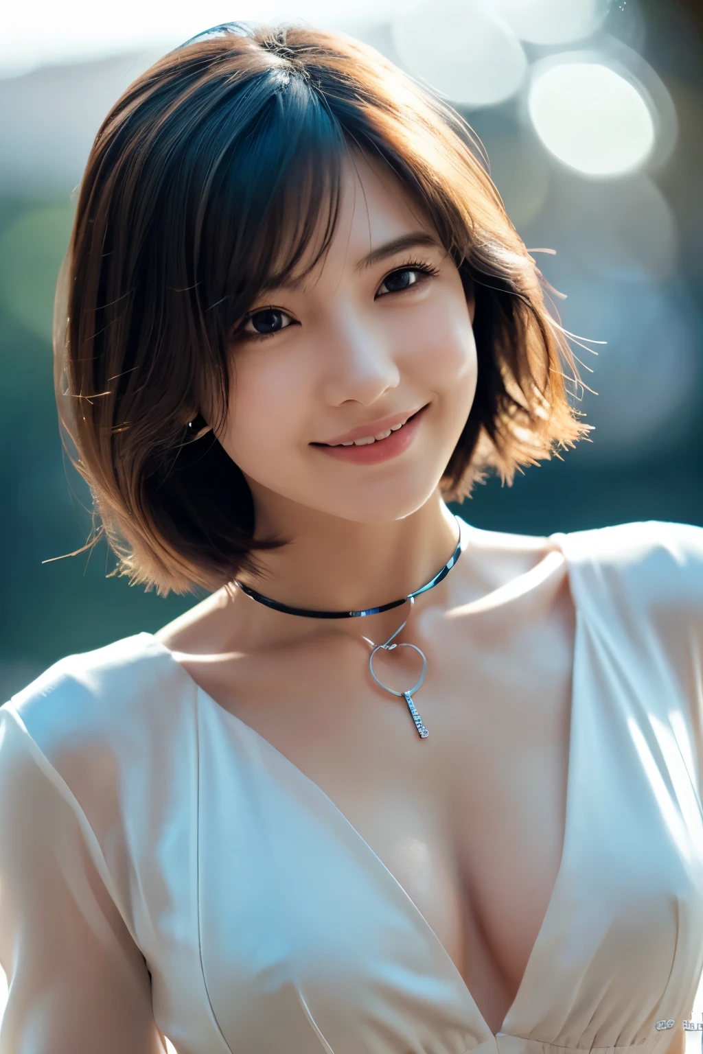 1girl in, (deep neckline:1.2), (Raw photo, Best Quality), (Realistic, Photorealsitic:1.4), masutepiece, Extremely delicate and beautiful, Extremely detailed, 2k wallpaper, amazing, finely detail, the Extremely Detailed CG Unity 8K Wallpapers, Ultra-detailed, hight resolution, Soft light, Beautiful detailed girl, extremely detailed eye and face, beautiful detailed nose, Beautiful detailed eyes, Short hair, Cinematic lighting, Winter scene, Perfect Anatomy, Slender body, Smiling
INFO camisole