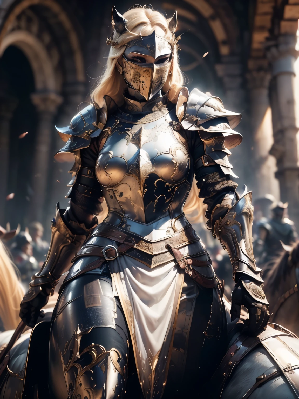 (Masterpiece, Superb Detail, Super Detailed, High Resolution), Male Focus, (((Female Armor))), (((Armor Dress Set))), (((Mask))), (She Has Long Blonde Hair, Medium Breasts, Slim, perfect body, beautiful face), look at viewer, (((white panty))), (((riding a horse))), City Ruins, Background Details, Solo