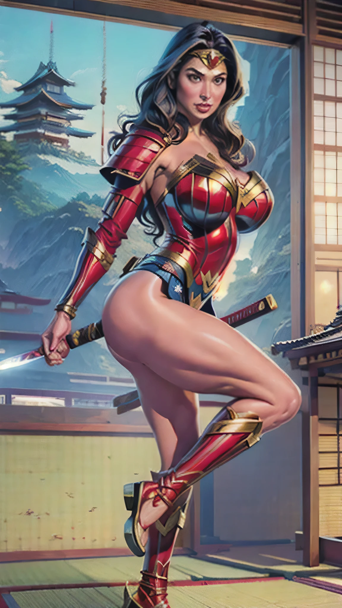 (masterpiece, best quality:1.2),a girl, Full body portrait,Wide-angle lens,Gal Gadot, Wonder Woman plays japanese armor,beautiful face, more details , Long legs,Sexy toned legs,Japanese underwear ,sexy Japanese armor underwear, solo, huge breasts, huge ass, fitness legs, Japanese sword, samurai,Rich in Japanese cultural elements