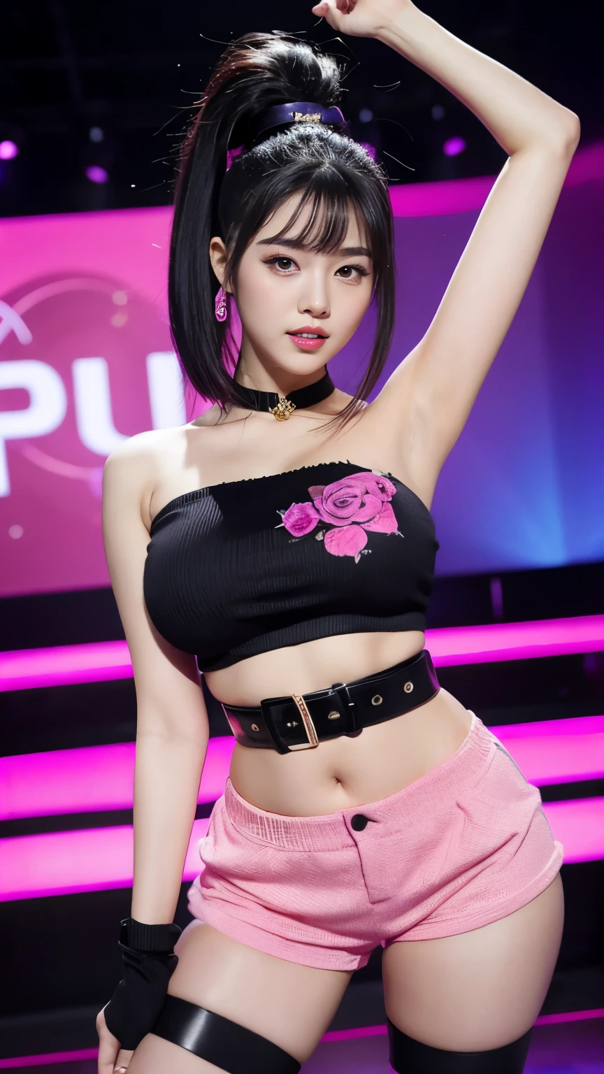 Black hair with a hint of purple，Rose red，Barbie pink tube top，Black shorts，Black socks，Black boots，Super beauty，Chinese star style，Twist your waist，Releaser Charm，Dancing hip-hop