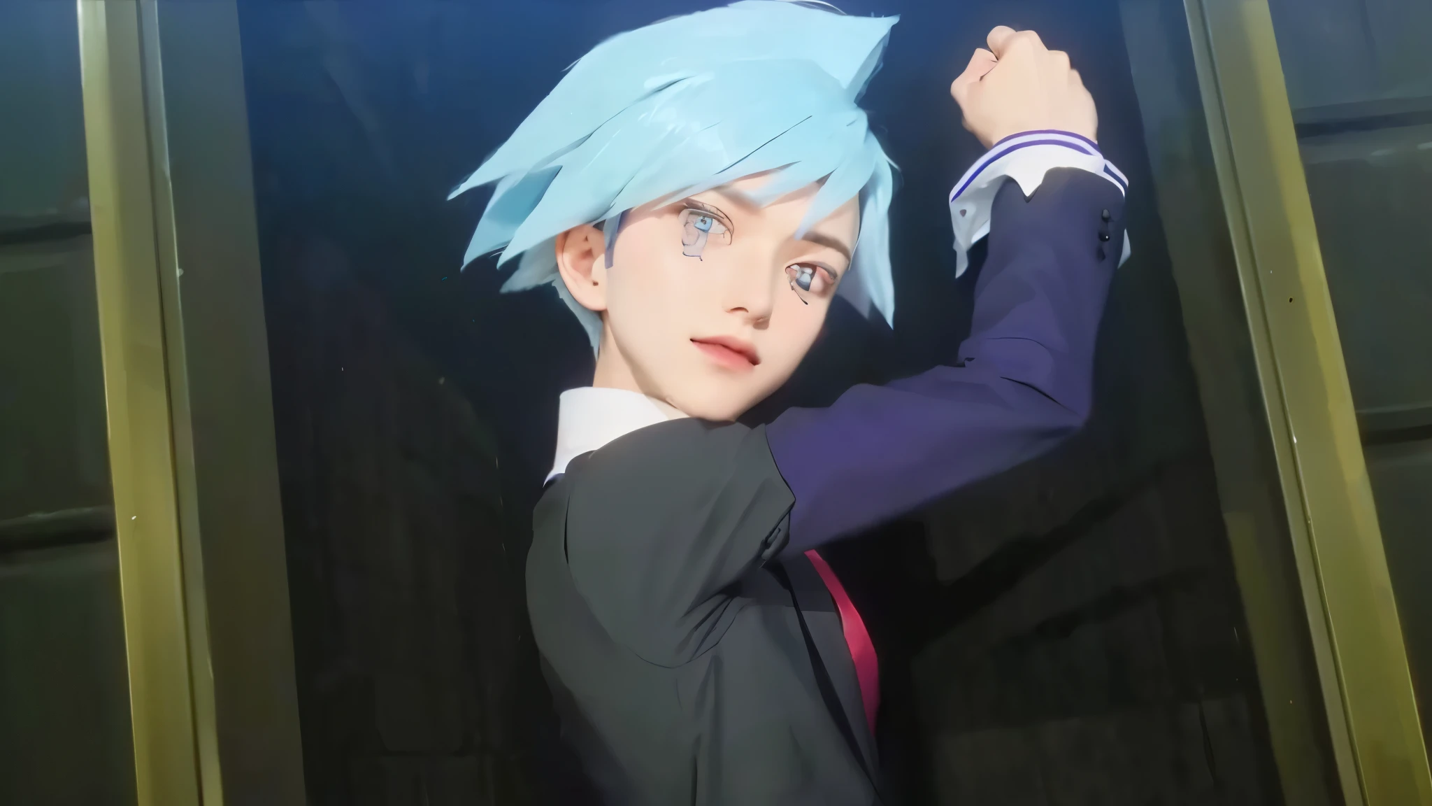 man, blue spiky hair, black suit with purple accents and a red tie