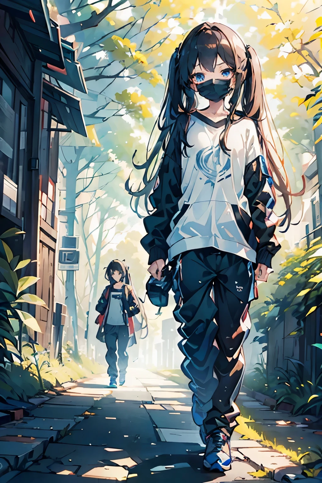 20y old walking throught the forest, sunshine, mountens long brown hair, twin tails, blue eyes, black mask, exided white t-shirt with flowers, black sweatpants with blue lines, on right hand has watch