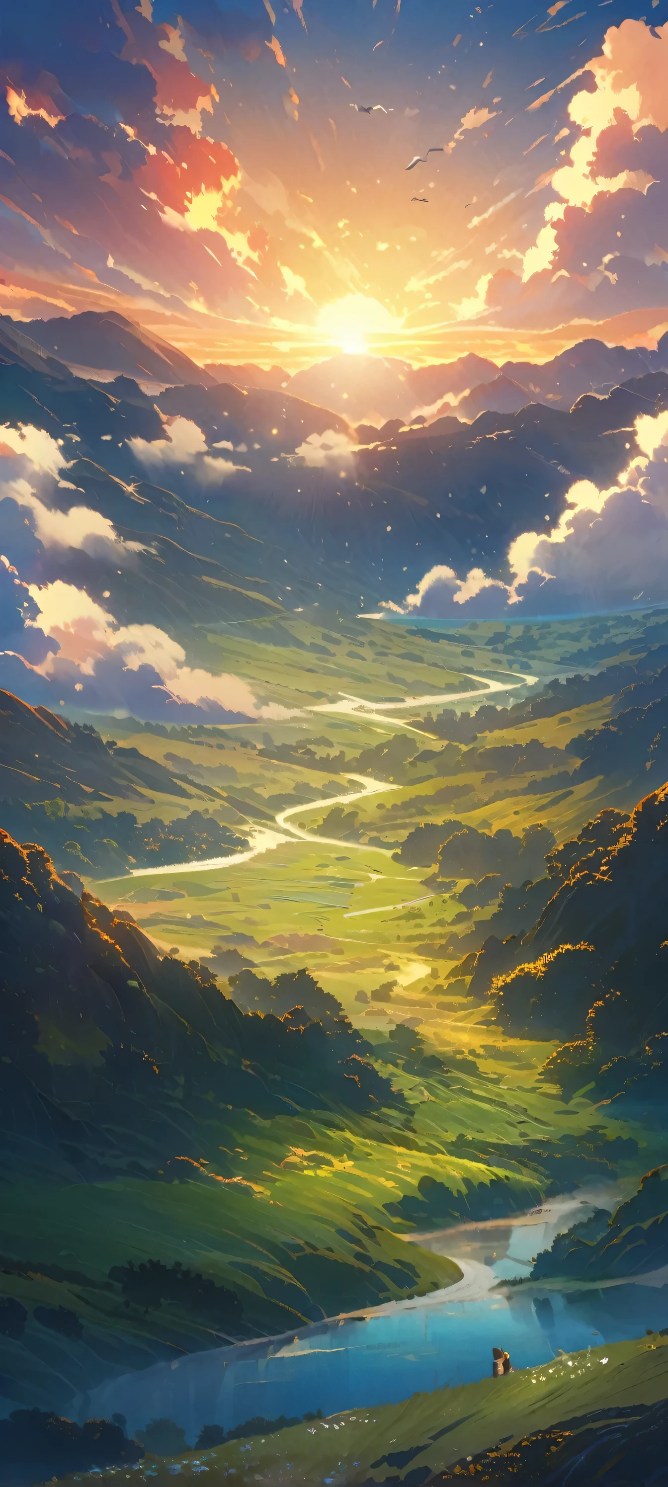 "A breathtaking, Studio Ghibli-inspired landscape. The scene features a serene view of Earth from above during sunset, with a vibrant blue sky adorned with fluffy, white clouds. The horizon is beautifully visible, where the sky meets the earth. Below, lush green fields and winding rivers stretch out, bathed in the warm, golden light of the setting sun. In the distance, gentle hills and quaint villages add charm to the scenery. The rivers glisten as they reflect the hues of the sky. Soft rays of sunlight peek through the clouds, casting a magical glow over the landscape. The entire scene is infused with a warm, tranquil ambiance, capturing the whimsical and enchanting style characteristic of Studio Ghibli animations. The colors are soft yet vivid, with painterly details that evoke a sense of peace, wonder, and natural beauty. Wildflowers dot the fields, and birds soar gracefully in the sky, completing the idyllic scene."