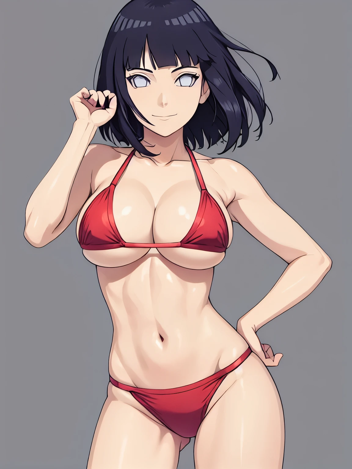 (hinata\(boruto\), (high quality, upper body view only, anime, tall woman, perfect hand anatomy, red bikini, off-shoulders, little biceps, long belly, smile), ((extremely strong)), ((shaking boobs)), (medium-big breasts, cleavage), closed mouth), (posing for the viewer), pale skin, ((floating hair, dark blue, short hair, hime cut، loose hair), (background: simple white background only), (background: simple white background only)