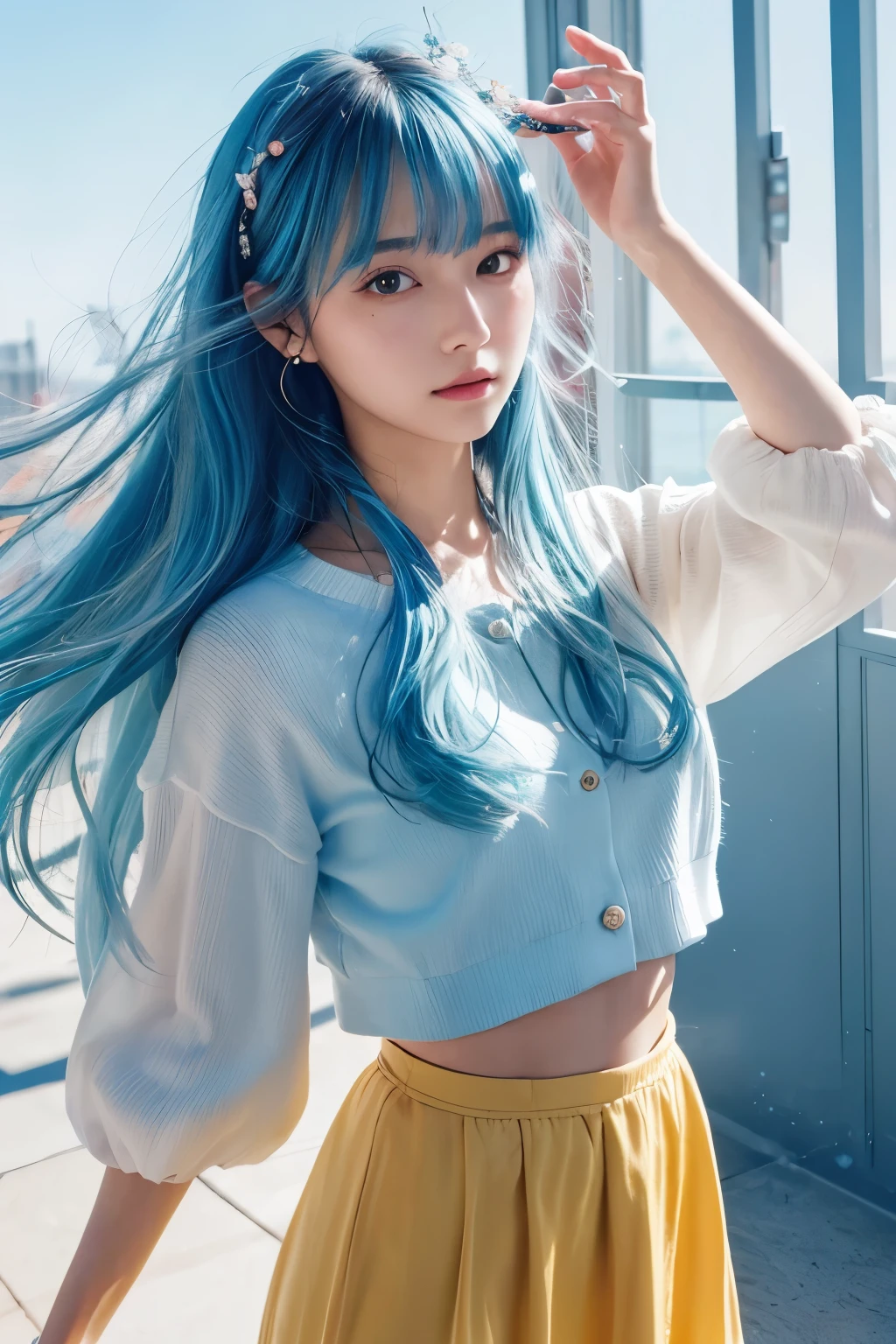 (masterpiece), (highest quality), (Super detailed),(Disheveled Hair),(figure), (One girl), (Fashionable clothes), Are standing, Fashion Model, View Viewer, (interview), (Simple Background),Beautiful fine details, Delicate and beautiful face, floating,(High chroma),(Colorful splashes),Colorful Bubbles,(The Shining), Focus on the face,  ponytail, kamisato ayaka, Light blue hair, bangs, Hair Ring, Floating Flowers, Floating hair, (The Shining), Best lighting, Best Shadow,