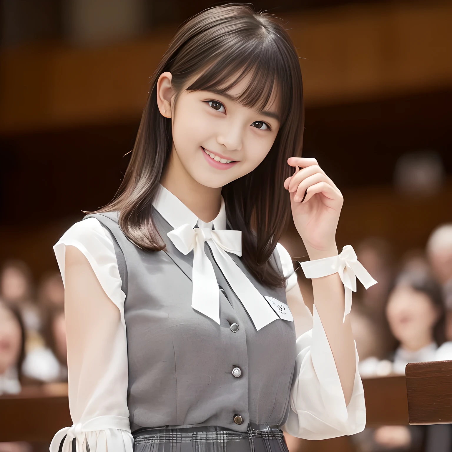 (highest quality, masterpiece:1.2), highest quality, Realistic, photograph, High resolution, 1080p, 8K, Physical Rendering, ((Height: 155cm)), ((((((A 14 year old beautiful Japanese fashion model is looking directly at the viewer)))))), (((big very detailed Japanese beautiful dark brown eyes))), ((((loving and laughing at me!)))), detailed fingers, (((curled blunt bangs))), ((((Very noble and cute eyes, carefully drawn with great attention to detail)))), ((double eyelids)), (((long eyelashes))), ((cute lovely lovely laughing laughing cheeks)), ((The pure white light hits my nose and cheeks. Her eyes and white facial skin shine beautifully white.)), (((Her facial features are very expressive noble smile, very sweet, very intelligent))), ((((ivory super-large long ribbon bow tie in plain)))), ((((black very beautiful and very long bobbed hair)))), ((((gray box-pleated school skirt and grey no-sleeve vest)))), ((((A ivory blouse is very feminine)))), ((Classical orchestra concert hall)), ((complexion lightening)), ((Full body shot)), ((chorus singer))