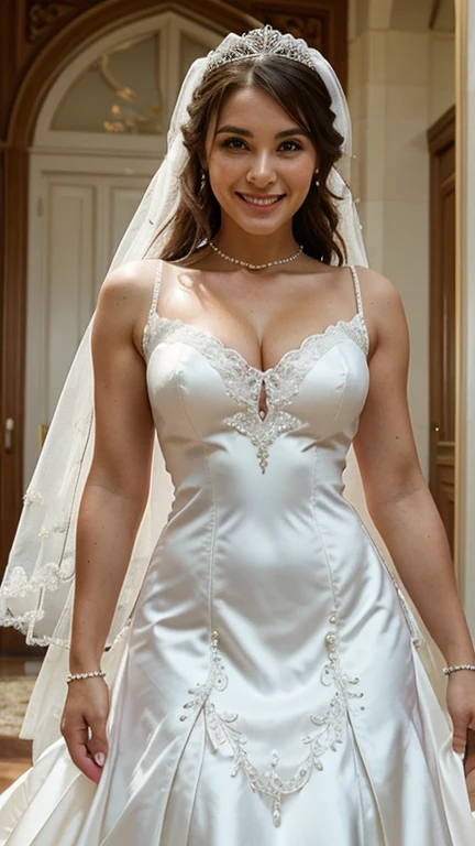 This is a photograph of a woman on her wedding day. She is wearing a white wedding dress with a lace overlay. The dress has a sweetheart neckline and a fitted bodice. The skirt is full and flows to the ground. The woman has a long veil that is attached to her headpiece. The headpiece is a tiara made of diamonds and pearls. The woman is smiling and looks happy.