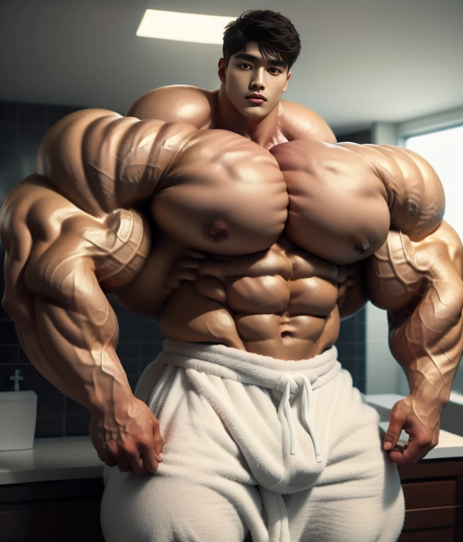 (best quality:1.5, hyperrealistic:1.5, photorealistic:1.4, madly detailed CG unity 8k wallpaper:1.5, masterpiece:1.3, enthusiastically detailed photo:1.2), (hyper-realistic lifelike texture:1.4), highly detailed, ((masterpiece, best quality)), retouched, extremely detailed 8K wallpaper, 1 korean male, (korean man with k-pop idol look), 20yo, handsome, hyper muscle, stubble, firm, naked, waist towel, bulge, big guy, photo real, cool ambiance, brutalmass, giant muscular bodybuilder, bulky, massive body, large meaty body size, hyper pecs, heavy meaty pecs. In large bathroom, indoor