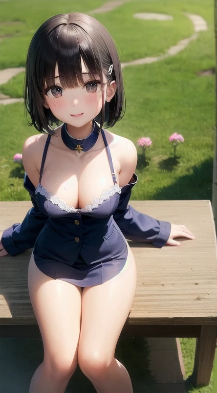 1 Girl, blush, cosmetics, Blue Uniforms, whole body, Wide Angle, from above, garden,Light, glow, thigh , clavicle, Willow Waist, (On the table), wallpaper,Wet、Micro bra that can be seen through clothes、Black short hair,Smile,greet,Hairpin,low collar,ditch,(((,pray))),Under the cherry trees,Heart-shaped neckline,Chest dew,Lend a helping hand,Uniforms,Suits,Bare legs,cute,Uniforms,student