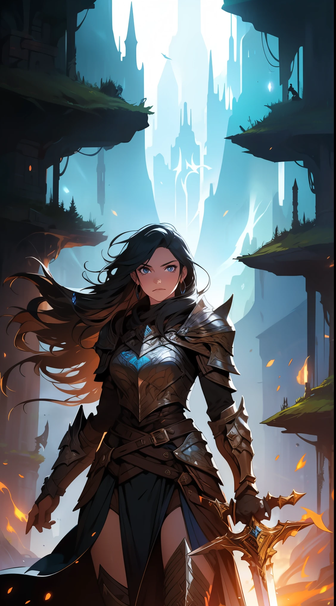 fantasy, epic, movie poster-style illustration, a girl standing in armor, with a dynamic and magical background, featuring prominent and well-designed typography elements,standing, confident, determined, wielding a sword, epic title, magical forest, glowing runes, bold text
