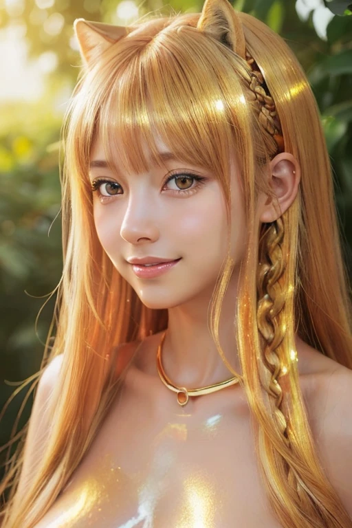 Browsing Caution,masterpiece、highest quality、High resolution、High-quality images、8k, 1 female、Skin luster、Glowing Skin、Skin Texture、Expression of fine eyes、(Shiny bright golden hair:1.8),Girl with long braided hair, realism, detailed manga style, Manga art style, Perfect Line Drawing, Beautiful line art, digital manga art girl, (Beautiful golden eyes:1.5), clear, Beautiful Eyes、Fuller lips, Gorgeous face with attention to detail, (cute smile), charm, Front view, (Perfectly detailed face), (Beautiful Hands) 、Photorealistic images, Written boundary depth, Princessの髪型, Princess , look forward to , Night Sky , Night view ,Beautiful starry sky , Romanticism、(All Nude:1.5)、(flat chest:1.5)、smile、blush、(詳細なvagina:1.7)、(holo,spice and wolf,spicytail:1.5)、vagina:1.7