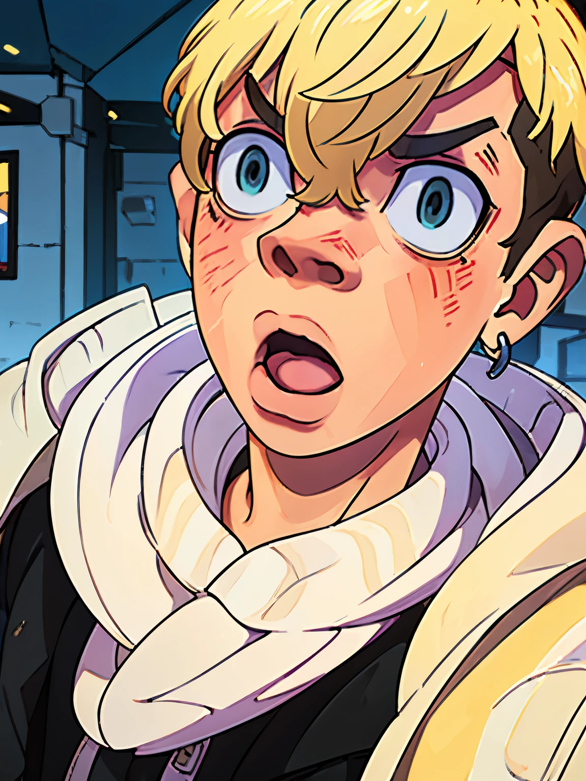 4k quality , high quality , blonde hairn anime boy , 1boy , one boy , shocked