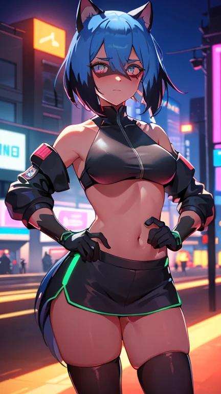 cyberpunk, portrait, Schwarz , Rot neon eyes, steht in einer Stadt, (sonnenaufgang:1.4), Street, Kompliziert, fototealistisch, nackt, shows vagina and breasts, keine kleidung, gaping pussy