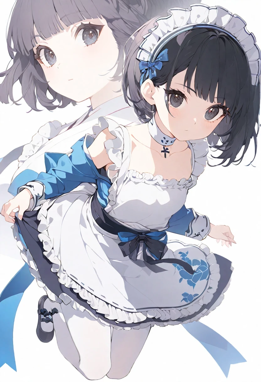 (muste piece), (best quality), very detailed eyes, expressive eyes, perfect face, very detailed face, highly detailed face, beautiful girl, (solo full body shot:1.3), Extremely exquisite and beautiful two-dimensional exquisite painting style, Extremely delicate and delicate, 8K high quality, CG wallpaper, HD, Front view, character portrait, Full body composition, (pure white background background),
1 girl, vtuber style, black short hair, black eyes, japanese style maid, blue maid unifrom, short skirt, small chest, clavicle, shoulders, white pantyhose, maid shoes, (full body), looking at viewer, standing, white background,