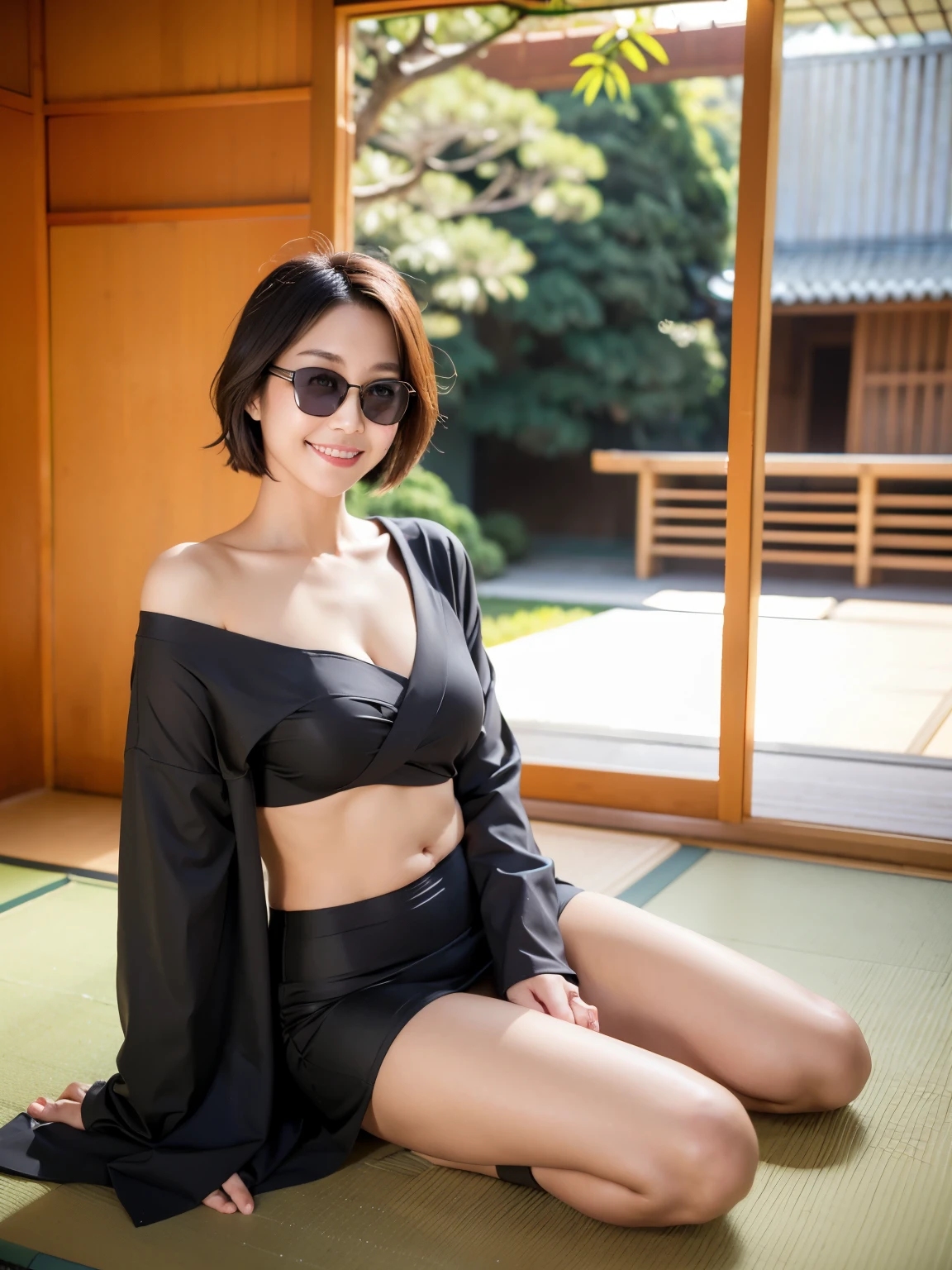 At the Japan temple, (Realistic:1.4), smile, Beautiful Japanese woman of one person,), (yukata), Hijab, Big Breasts, Large Breasts, Under the chest, Off-the-shoulder black kimono, Sexy Dress, Beautiful black kimono((highest quality)), ((masterpiece)), ( sunglasses), Perfect Face, Large tatami room, high school girl, valley, Black Swimsuit, matrix, Trinity, Cinematic,tatami, Short Bob, high school girl, Sustainable, valley, between legs, smile, Highest quality, Agent Program, sitting cross-legged, Delusion, smile, one person, matrix, Trinity, sunglasses, Zazen, bamboo forest, Tatami sandals, whole body, walking