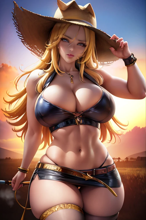 cowgirl, big breasts, sexy pose, mini skirt, cowboy hat, hyper detailed, photorealistic, 8k, masterpiece, cinematic lighting, highly saturated colors, golden hour lighting, dramatic shadows, volumetric lighting, depth of field, intricate details, cinematic composition, hyper realistic skin, beautifully detailed eyes, lips, and face, realistic fabric textures