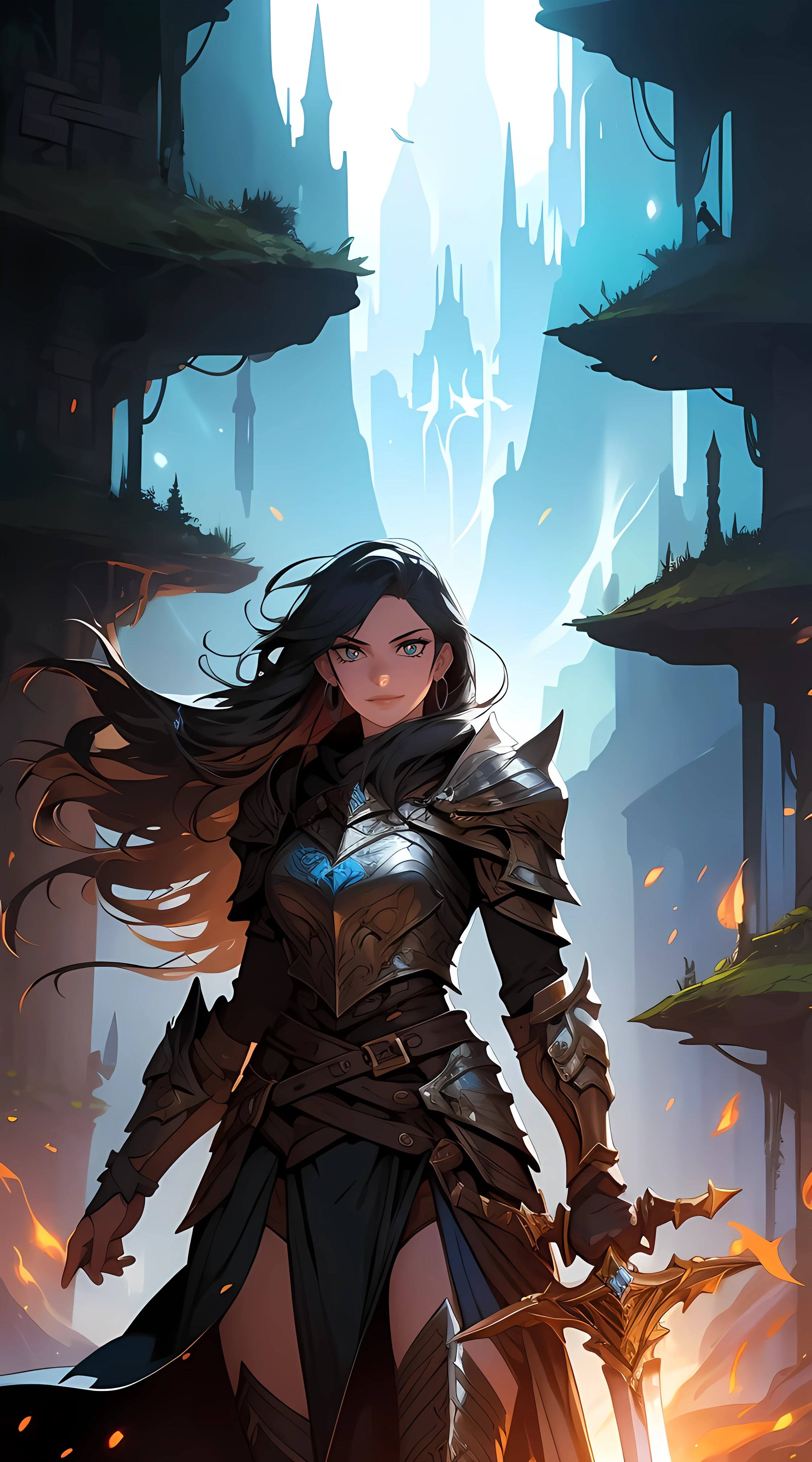 fantasy, epic, movie poster-style illustration, a girl standing in armor, with a dynamic and magical background, featuring prominent and well-designed typography elements,standing, confident, determined, wielding a sword, epic title, magical forest, glowing runes, bold text
