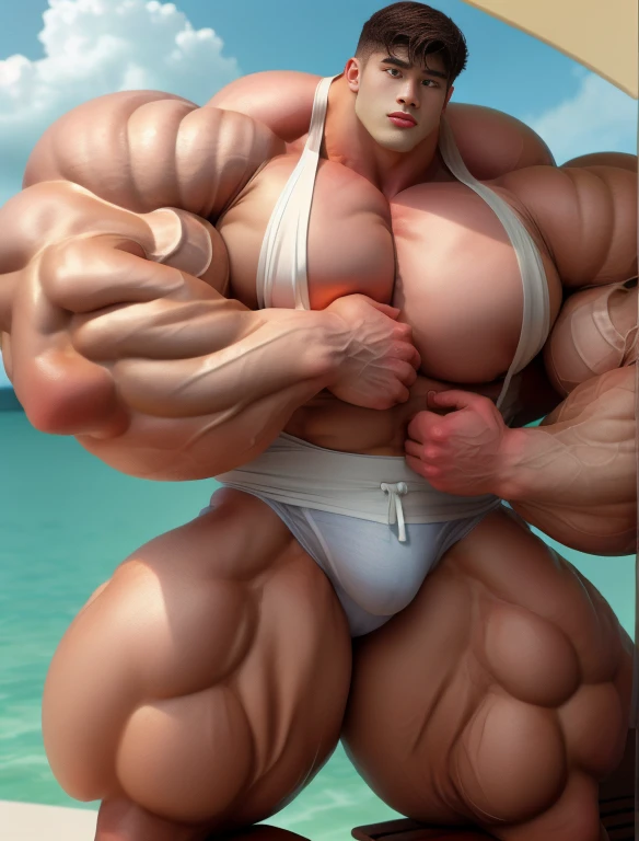 1 asian men, handsome, giant, buzz haircut, model shoot style, looking at camera, standing, relaxing arms, outdoor, large oceans, strong body, bulk, naked, wear white swimwear underpants, bulge, big, brutalmass, giant, muscular body, bulk, massive body, large meaty body size, brown skin, huge arms, ballooning meaty pecs. UHD, Realistic, intricate detail
