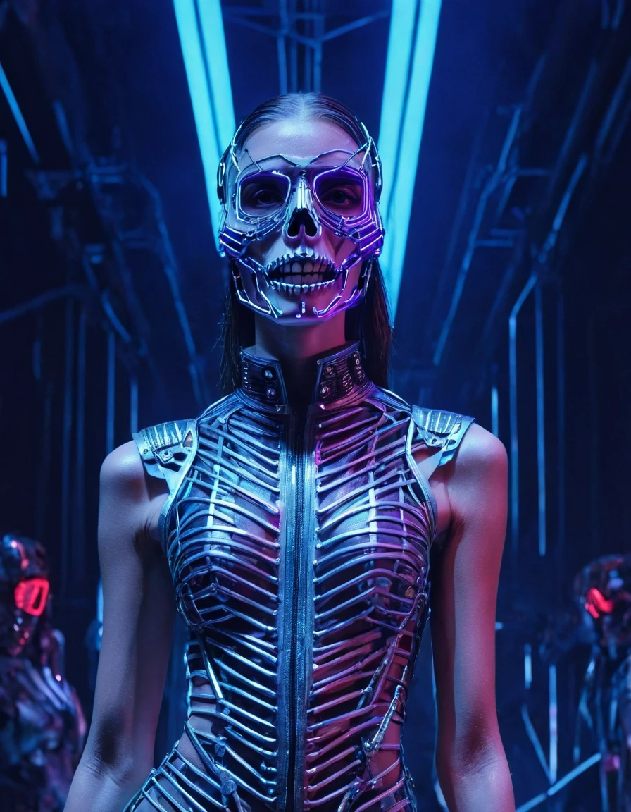 a woman wearing an exo-skeleton mask on a fashion runway, vibrant neon lighting, teenage model, intricate mechanical design, high-tech futuristic cyberpunk style, dynamic pose, dramatic lighting, colorful dystopian background, detailed metal textures, glossy wet look, hyper-realistic, 8k, photorealistic, cinematic, masterpiece