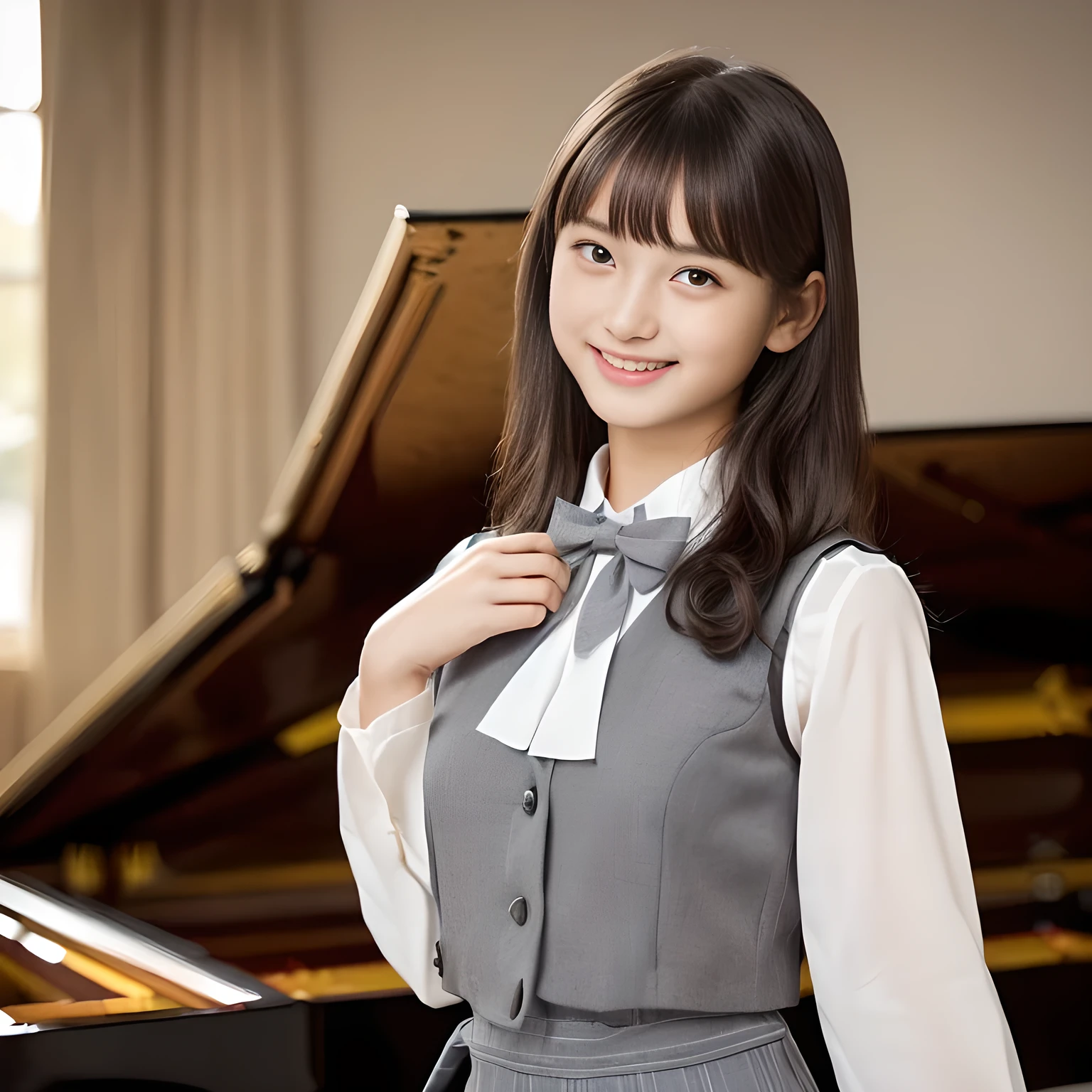 (highest quality, masterpiece:1.2), highest quality, Realistic, photograph, High resolution, 1080p, 8K, Physical Rendering, ((Height: 155cm)), ((((((A 14 year old beautiful Japanese fashion model is looking directly at the viewer)))))), (((big very detailed Japanese beautiful dark brown eyes))), ((((loving and laughing at me!)))), detailed fingers, (((curled blunt bangs))), ((((Very noble and cute eyes, carefully drawn with great attention to detail)))), ((double eyelids)), (((long eyelashes))), ((cute lovely lovely laughing laughing cheeks)), ((The pure white light hits my nose and cheeks. Her eyes and white facial skin shine beautifully white.)), (((Her facial features are very expressive noble smile, very sweet, very intelligent))), ((((ivory super-large long ribbon bow tie in plain)))), ((((black very beautiful and very long bobbed hair)))), ((((gray box-pleated school skirt and grey no-sleeve vest)))), ((((A ivory blouse is very feminine)))), ((Classical orchestra concert hall)), ((complexion lightening)), ((Full body shot)), ((chorus singer))