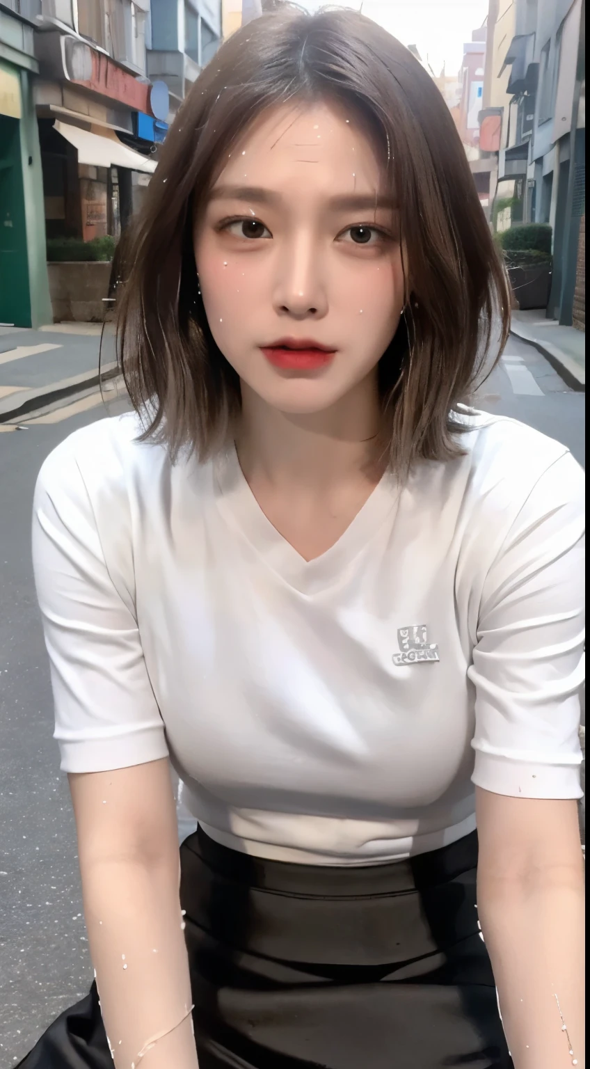 ((highest quality, 8k, masterpiece: 1.3)), concentrated: 1.2, Perfect body beauty: 1.4, Hips: 1.2, (Layered Haircut: 1.2)), (Dark Street: 1.3), Highly detailed face and skin texture, Face close-up, Delicate eyes, double eyelid, White skin, Long brown hair, (Round face: 1.5), (sweat,skirt: 1.6) ,Realistic photoask,