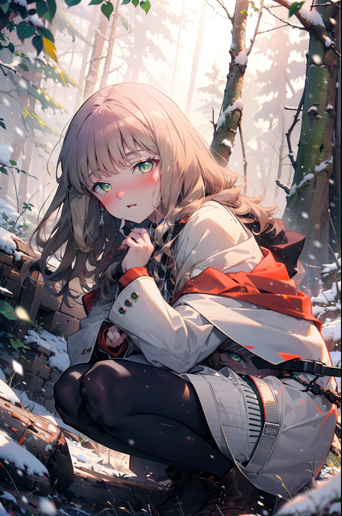 minami yume ,sss Dynazenon ,Long Hair, Brown Hair, (Green Eyes:1.5) ,Center of chest,smile,blush,White Breath,
Open your mouth,snow,Ground bonfire, Outdoor, boots, snowing, From the side, wood, suitcase, Cape, Blurred,  forest, White handbag, nature,  Squat, Mouth closed, フードed Cape, winter, Written boundary depth, Black shoes, red Cape break looking at viewer, Upper Body, whole body, break Outdoor, forest, nature, break (masterpiece:1.2), highest quality, High resolution, unity 8k wallpaper, (shape:0.8), (Beautiful and beautiful eyes:1.6), Highly detailed face, Perfect lighting, Highly detailed CG, (Perfect hands, Perfect Anatomy),