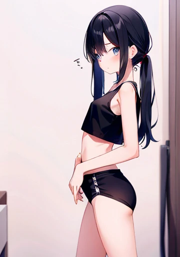 blue eyes, marinett, Black pupil, blush, Black sports bra, black panties, black thong, posing in front of a mirror