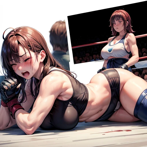 A heavyweight female fighter punches a Japanese high school girl with a poor, bloodied body who is lying down. She is fighting in the boxing club ring. Sweaty and bruised, she has one eye closed, her mouth open, panting and drooling. She wears a tattered tank top, spats, and open-fingered gloves. Erect nipples. Her poor belly. Tiny breasts.